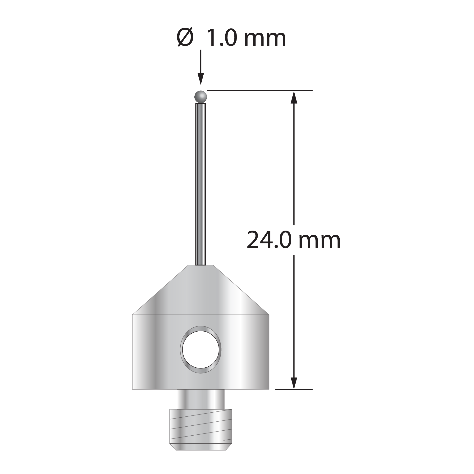 M5 stylus with 1.0 mm diameter solid diamond sphere, 0.8 mm diameter carbide stem, and 11.0 mm diameter x 10.0 mm long stainless steel base. Stylus length to ball center is 24.0 mm. Stylus weight is 5.60 grams. Compare to Zeiss 626115-0109-024.