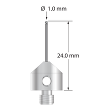 M5 stylus with 1.0 mm diameter solid diamond sphere, 0.8 mm diameter carbide stem, and 11.0 mm diameter x 10.0 mm long stainless steel base. Stylus length to ball center is 24.0 mm. Stylus weight is 5.60 grams. Compare to Zeiss 626115-0109-024.