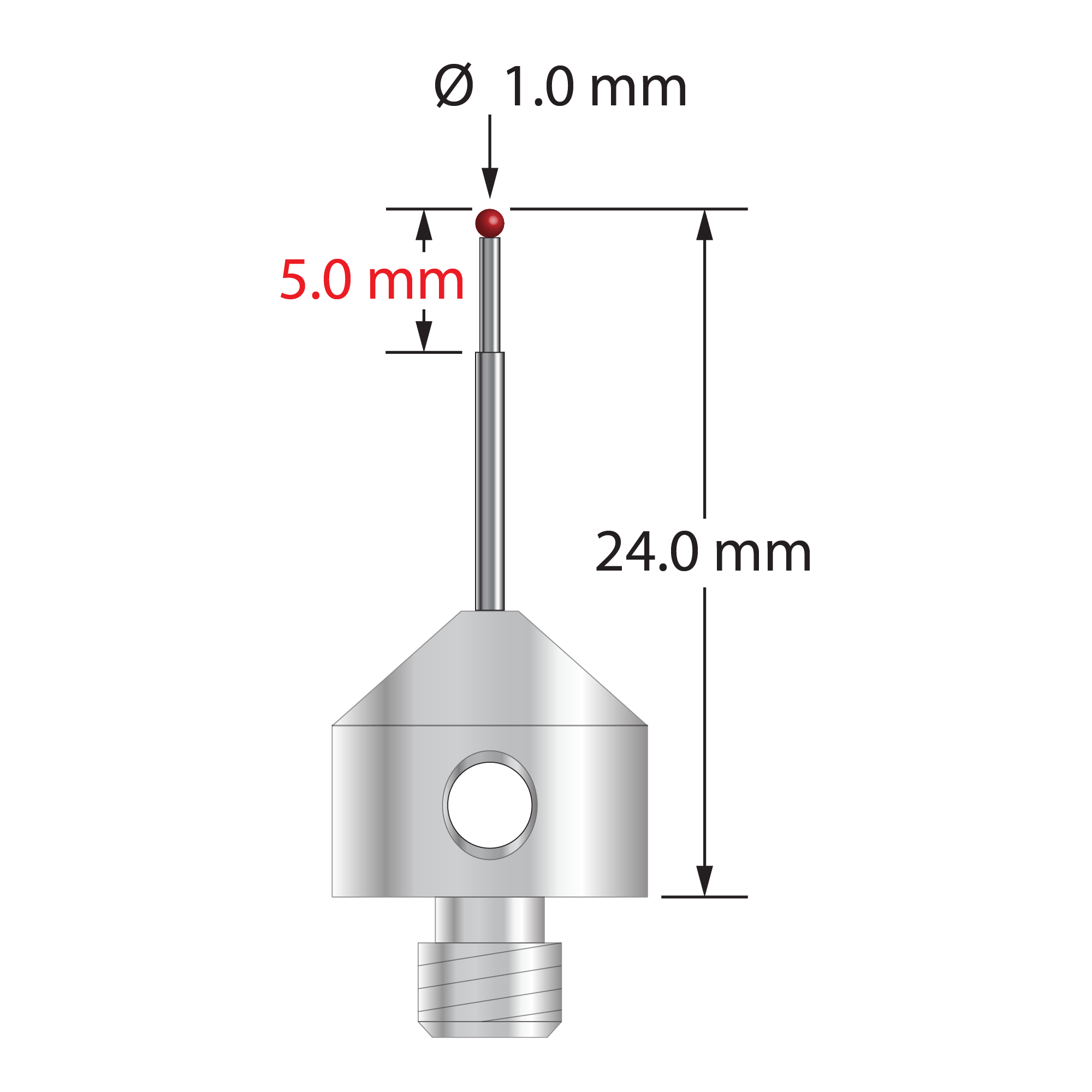 AFG-1024-TX M5 1.0mm ruby ball stylus with carbide stem and stainless steel base, 24.0mm long by Q-Mark Manufacturing, Inc.