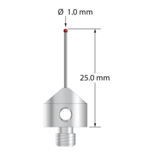 M5 stylus with 1.0 mm diameter ruby ball, 0.7 mm diameter carbide stem, and 11.0 mm diameter x 10.0 mm long stainless steel base. Overall stylus length is 25.0 mm. Stylus weight is 5.72 grams.