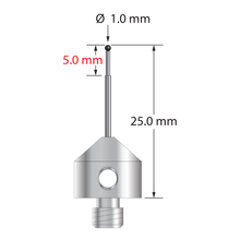 M5 stylus with 1.0 mm diameter silicon nitride ball, stepped carbide stem, and 11.0 mm diameter x 10.0 mm long anodized aluminum base. Minor stem diameter is 0.7 mm; major diameter is 1.0 mm. Overall stylus length is 25.0 mm. Stylus weight is 2.10 grams.