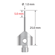 M5 stylus with 1.0 mm diameter zirconia ball, stepped carbide stem, and 11.0 mm diameter x 10.0 mm long anodized aluminum base. Minor stem diameter is 0.7 mm; major diameter is 1.0 mm. Overall stylus length is 25.0 mm. Stylus weight is 2.10 grams.