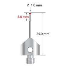 M5 stylus with 1.0 mm diameter ruby ball, stepped carbide stem, and 11.0 mm diameter x 10.0 mm long anodized aluminum base. Minor stem diameter is 0.7 mm; major diameter is 1.0 mm. Overall stylus length is 25.0 mm. Stylus weight is 2.10 grams.