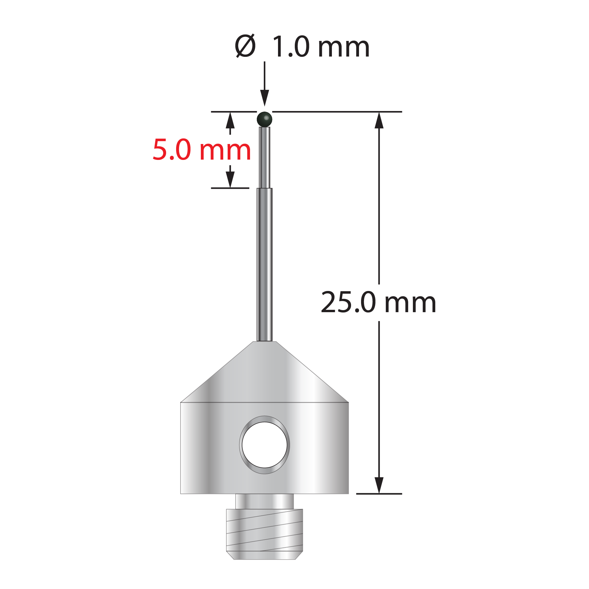 M5 stylus with 1.0 mm diameter silicon nitride ball, stepped carbide stem, and 11.0 mm diameter x 10.0 long stainless steel base. Minor stem diameter is 0.7 mm; major diameter is 1.0 mm. Overall stylus length is 25.0 mm. Stylus weight is 5.71 grams.