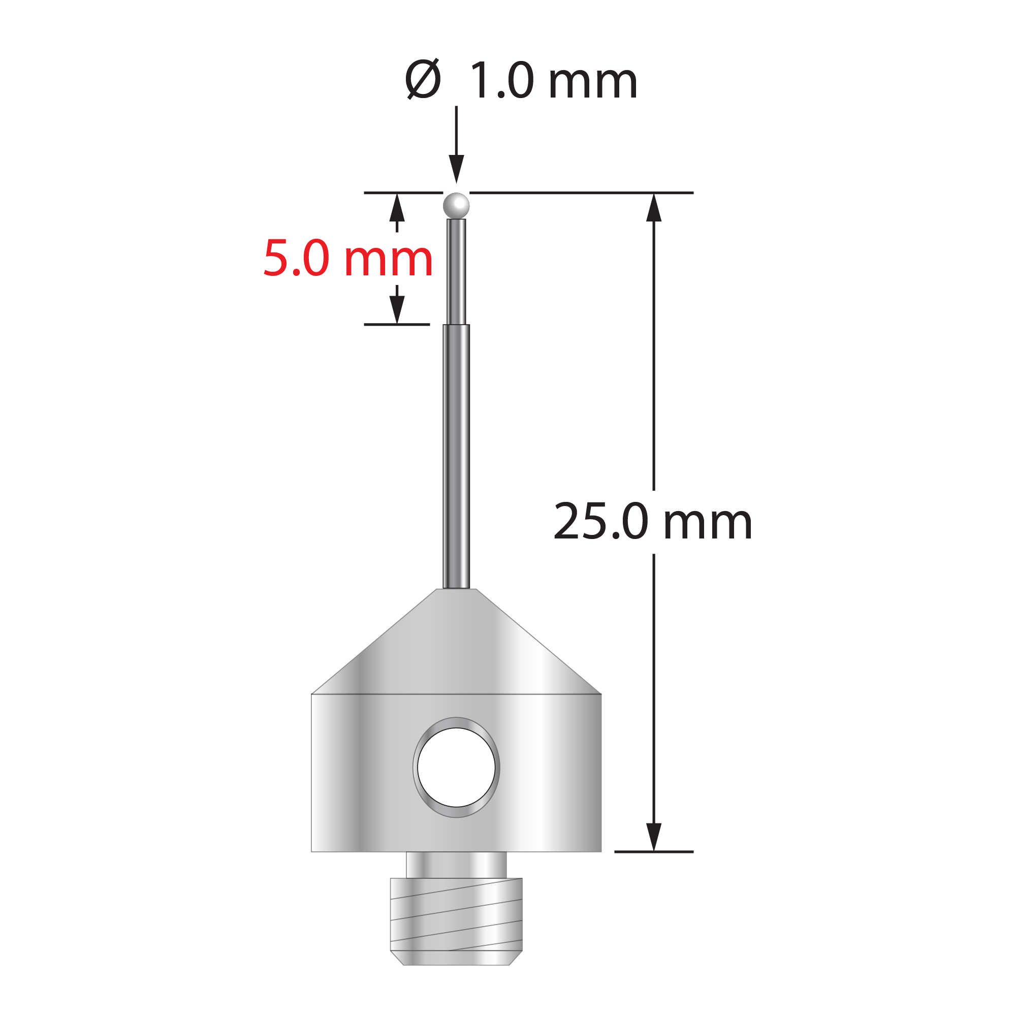 M5 stylus with 1.0 mm diameter zirconia ball, stepped carbide stem, and 11.0 mm diameter x 10.0 long stainless steel base. Minor stem diameter is 0.7 mm; major diameter is 1.0 mm. Overall stylus length is 25.0 mm. Stylus weight is 5.71 grams.