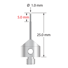 M5 stylus with 1.0 mm diameter zirconia ball, stepped carbide stem, and 11.0 mm diameter x 10.0 long stainless steel base. Minor stem diameter is 0.7 mm; major diameter is 1.0 mm. Overall stylus length is 25.0 mm. Stylus weight is 5.71 grams.