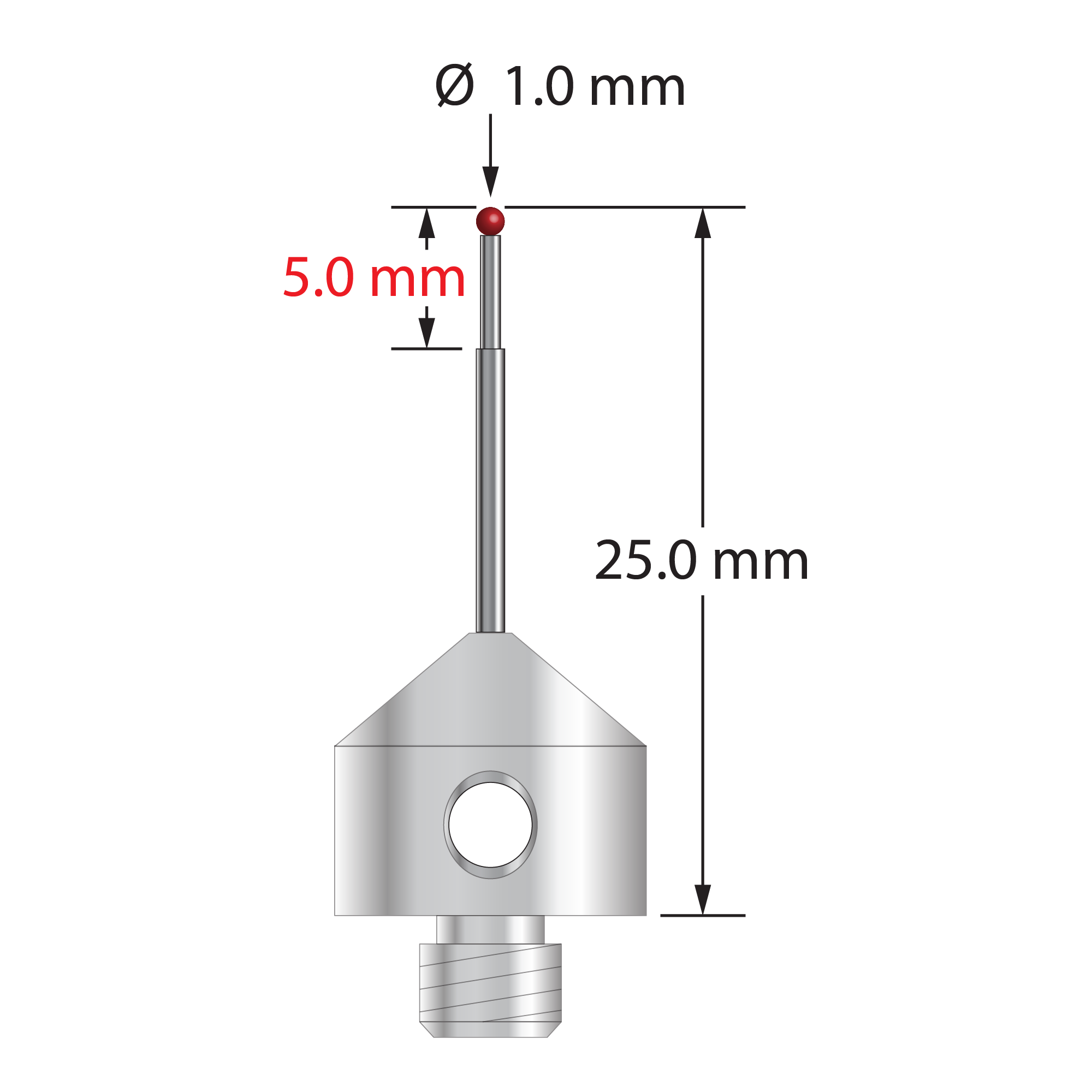 M5 stylus with 1.0 mm diameter ruby ball, stepped carbide stem, and 11.0 mm diameter x 10.0 long stainless steel base. Minor stem diameter is 0.7 mm; major diameter is 1.0 mm. Overall stylus length is 25.0 mm. Stylus weight is 5.71 grams.