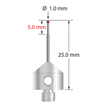 M5 stylus with 1.0 mm diameter ruby ball, stepped carbide stem, and 11.0 mm diameter x 10.0 long stainless steel base. Minor stem diameter is 0.7 mm; major diameter is 1.0 mm. Overall stylus length is 25.0 mm. Stylus weight is 5.71 grams.