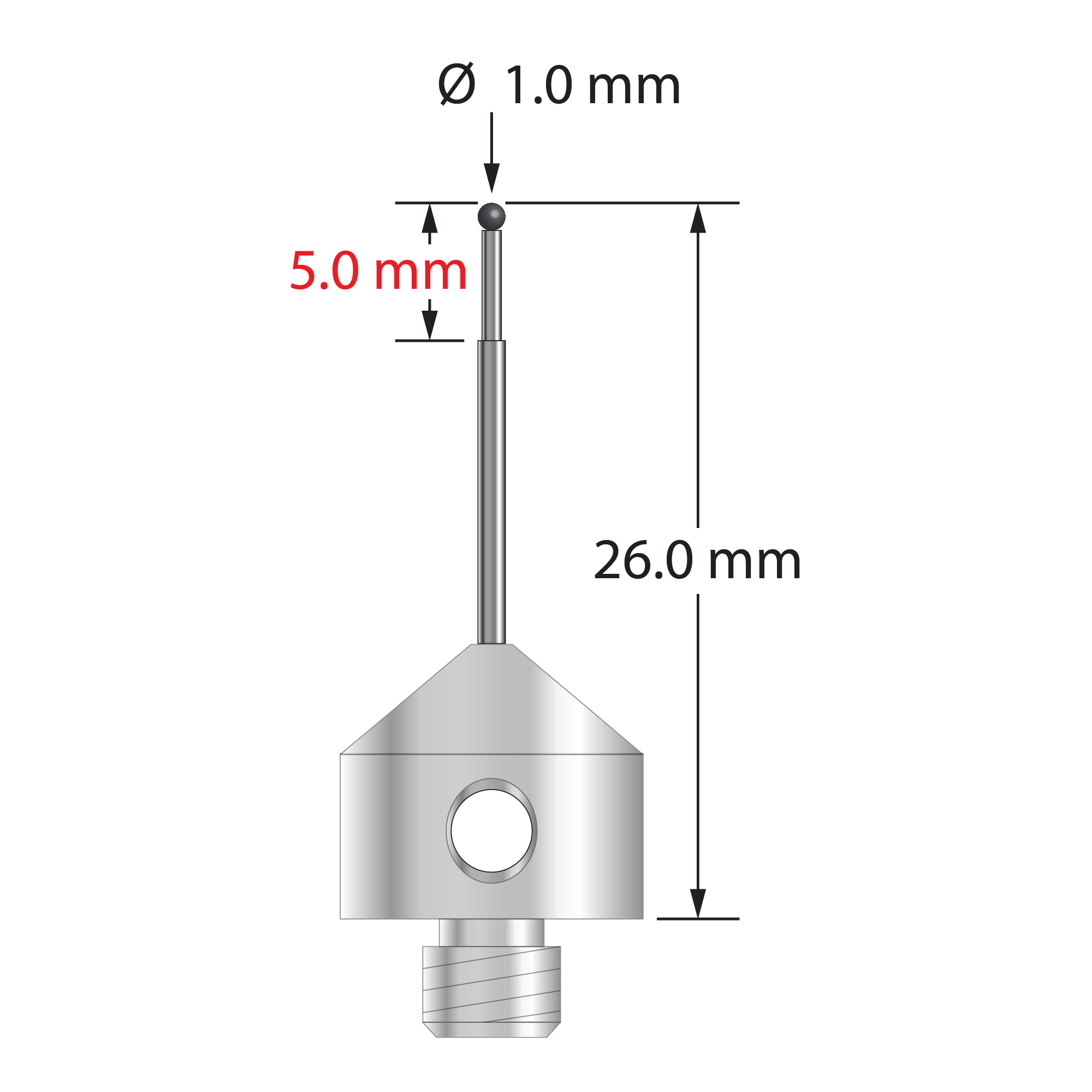 AFG-1026-SN M5 1.0mm silicon nitride stylus with stepped carbide stem and stainless steel base, 26.0mm long by Q-Mark Manufacturing, Inc.