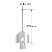 M5 stylus with 1.0 mm diameter silicon nitride ball, 0.7 mm diameter carbide stem, and 11.0 mm diameter x 10.0 mm long stainless steel base. Overall stylus length is 27.0 mm. Stylus weight is 5.68 grams.