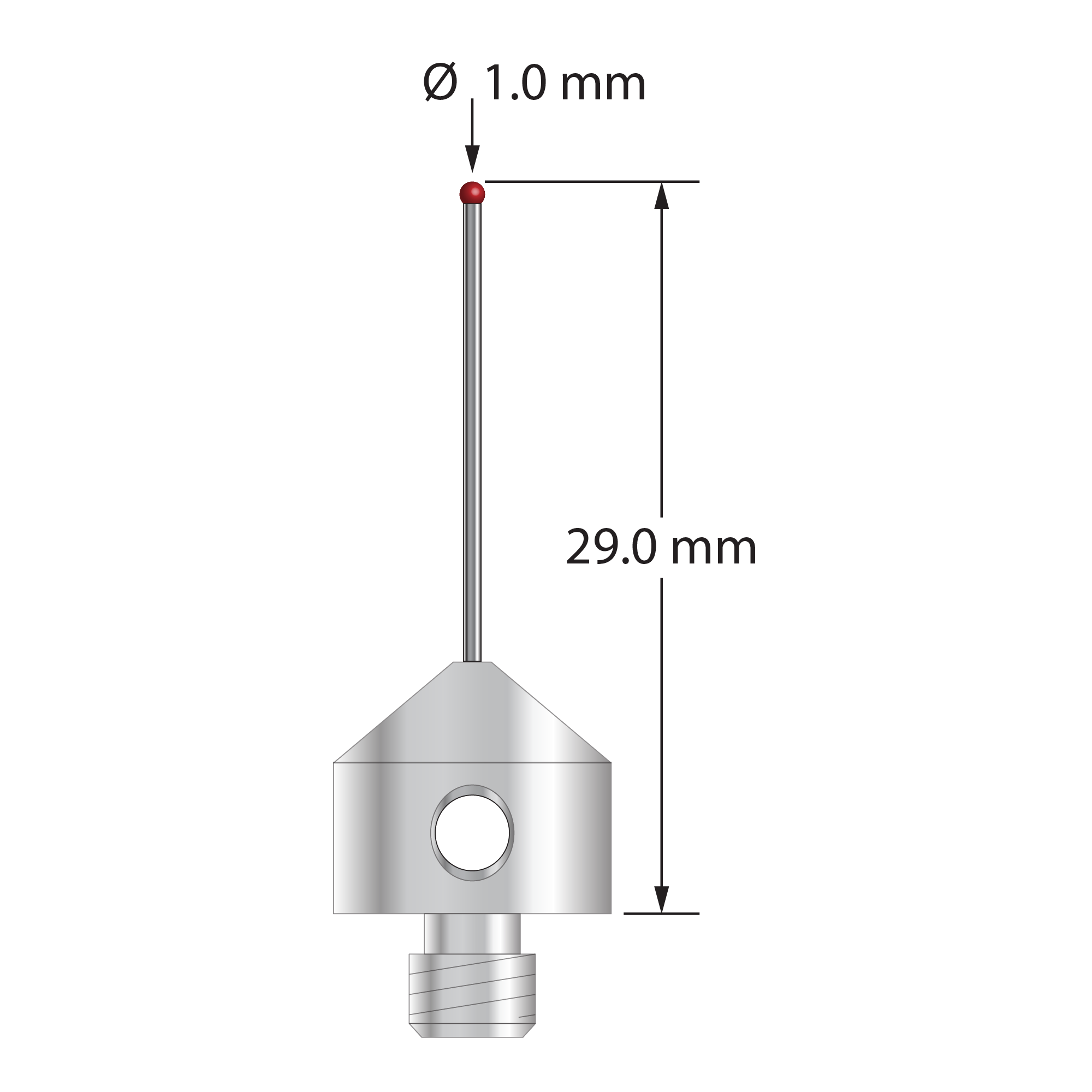 M5 stylus with 1.0 mm diameter ruby ball, 0.7 mm diameter carbide stem, and 11.0 mm diameter x 10.0 mm long stainless steel base. Overall stylus length is 25.0 mm. Stylus weight is 5.73 grams. Compare to Zeiss 000000-1039-074.