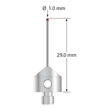 M5 stylus with 1.0 mm diameter ruby ball, 0.7 mm diameter carbide stem, and 11.0 mm diameter x 10.0 mm long stainless steel base. Overall stylus length is 25.0 mm. Stylus weight is 5.73 grams. Compare to Zeiss 000000-1039-074.