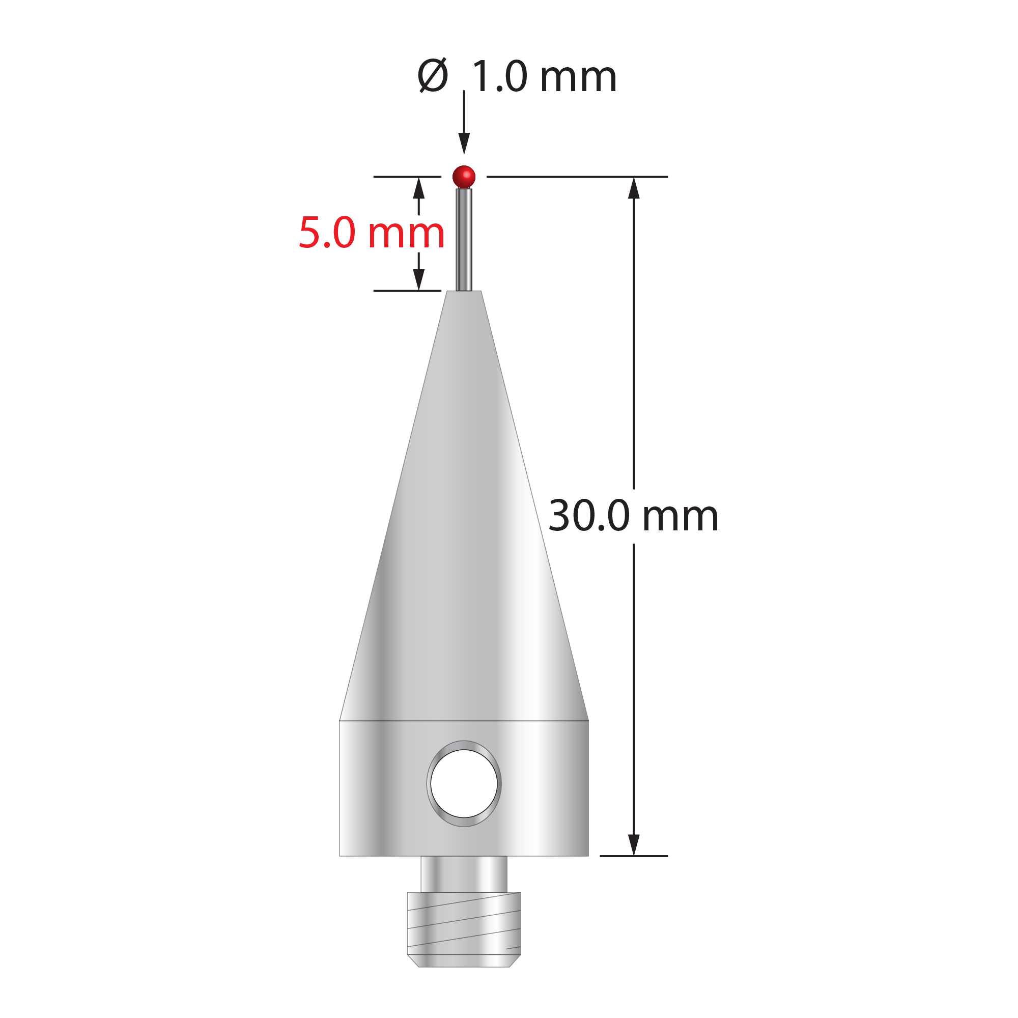 M5 stylus with 1.0 mm diameter ruby ball, 0.7 mm diameter carbide stem, and 11.0 mm diameter x 25.0 mm long tapered stainless steel base. Stylus length to ball center is 30.0 mm. Stylus weight is 9.95 grams. Compare to Renishaw A-5003-5214.