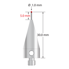 M5 stylus with 1.0 mm diameter ruby ball, 0.7 mm diameter carbide stem, and 11.0 mm diameter x 25.0 mm long tapered stainless steel base. Stylus length to ball center is 30.0 mm. Stylus weight is 9.95 grams. Compare to Renishaw A-5003-5214.