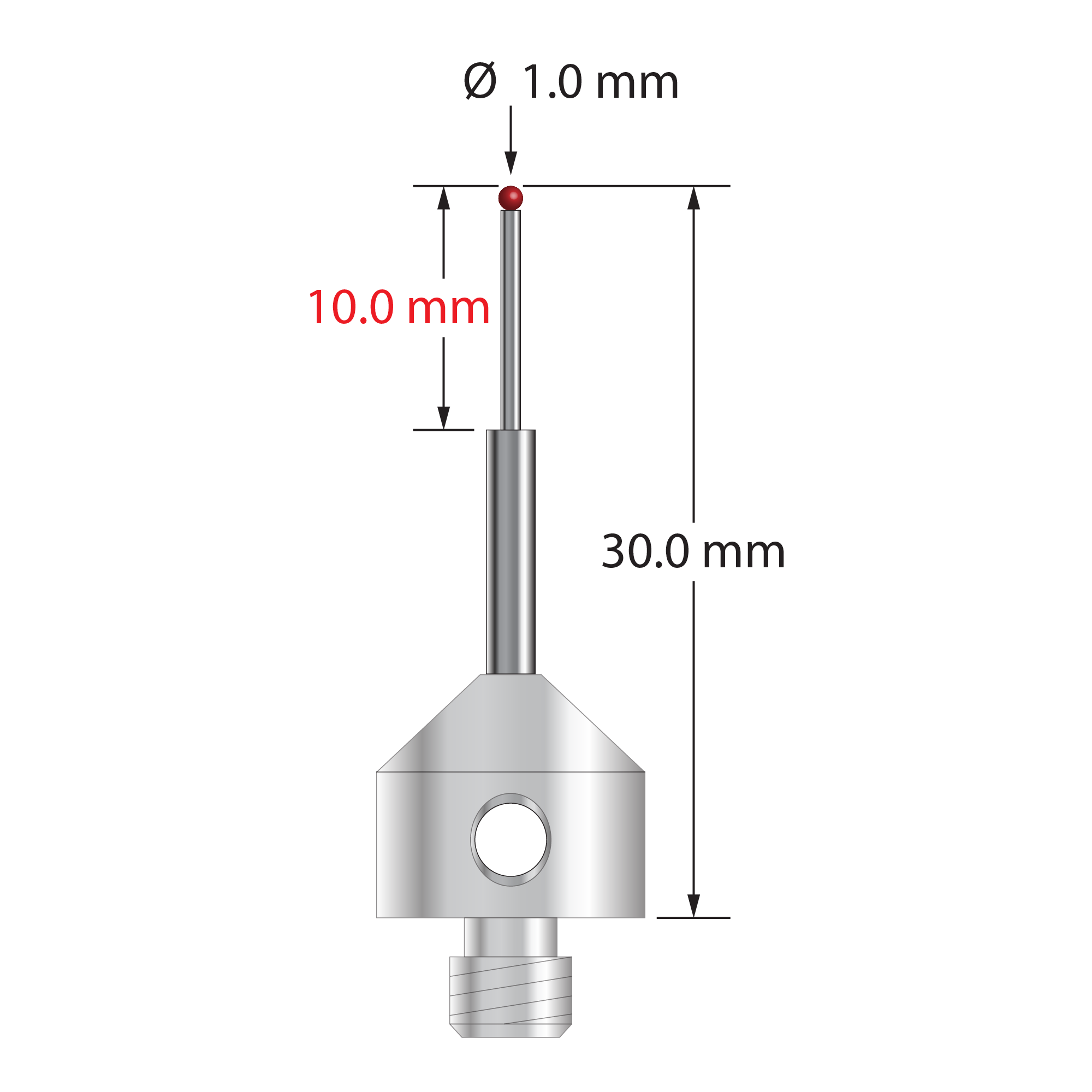 M5 stylus with 1.0 mm diameter silicon nitride ball, stepped carbide stem, and 11.0 mm diameter x 10.0 mm long stainless steel base. Minor stem diameter is 0.8 mm; major diameter is 2.0 mm. Overall stylus length is 30.0 mm. Stylus weight is 6.05 grams. &nbsp;