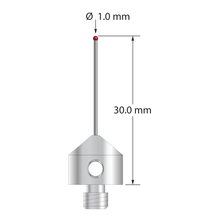M5 stylus with 1.0 mm diameter ruby ball, 0.7 mm diameter carbide stem, and 11.0 mm diameter x 10.0 mm long stainless steel base. Overall stylus length is 30.0 mm. Stylus weight is 5.78 grams.