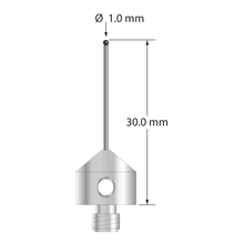 M5 stylus with 1.0 mm diameter silicon nitride ball, 0.8 mm diameter carbide stem, and 11.0 mm diameter x 10.0 mm long stainless steel base. Overall stylus length is 30.0 mm. Stylus weight is 5.80 grams. Compare to Zeiss 626115-0107-030. 