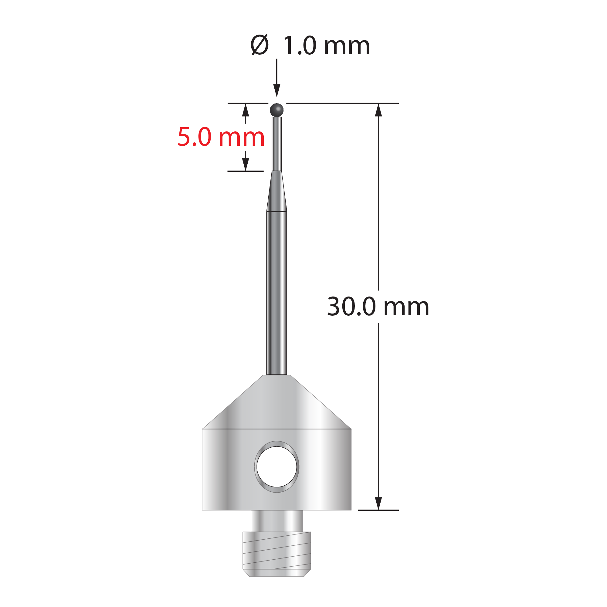 M5 stylus with 1.0 mm diameter silicon nitride ball, stepped carbide stem, and 11.0 mm diameter x 10.0 mm long titanium base. Major stem diameter is 1.0 mm; minor diameter is 0.8 mm. Overall stylus length is 30.0 mm. Stylus weight is 3.30 grams. Compare to Zeiss 626105-0045-030.