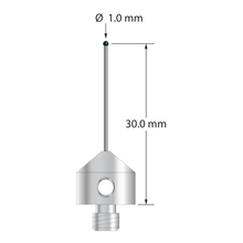 M5 stylus with 1.0 mm diameter silicon nitride ball, 0.7 mm diameter carbide stem, and 11.0 mm diameter x 10.0 mm long stainless steel base. Stylus length to ball center is 30.0 mm. Weight is 5.79 grams.