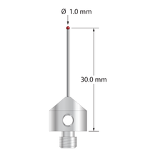 M5 stylus with 1.0 mm diameter ruby ball, 0.7 mm diameter carbide stem, and 11.0 mm diameter x 10.0 mm long stainless steel base. Stylus length to ball center is 30.0 mm. Weight is 5.79 grams.