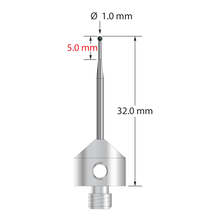 M5 stylus with 1.0 mm diameter silicon nitride ball, tapered carbide stem, and 11.0 mm diameter x 10.0 mm long stainless steel base. Minor stem diameter is 0.7 mm; major diameter is 1.5 mm. Overall stylus length is 32.0 mm. Stylus weight is 5.76 grams.