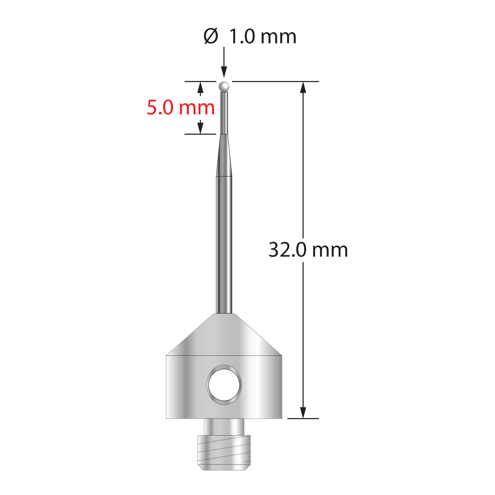 M5 stylus with 1.0 mm diameter zirconia ball, tapered carbide stem, and 11.0 mm diameter x 10.0 mm long stainless steel base. Minor stem diameter is 0.7 mm; major diameter is 1.5 mm. Overall stylus length is 32.0 mm. Stylus weight is 5.76 grams.