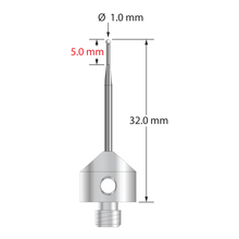 M5 stylus with 1.0 mm diameter zirconia ball, tapered carbide stem, and 11.0 mm diameter x 10.0 mm long stainless steel base. Minor stem diameter is 0.7 mm; major diameter is 1.5 mm. Overall stylus length is 32.0 mm. Stylus weight is 5.76 grams.