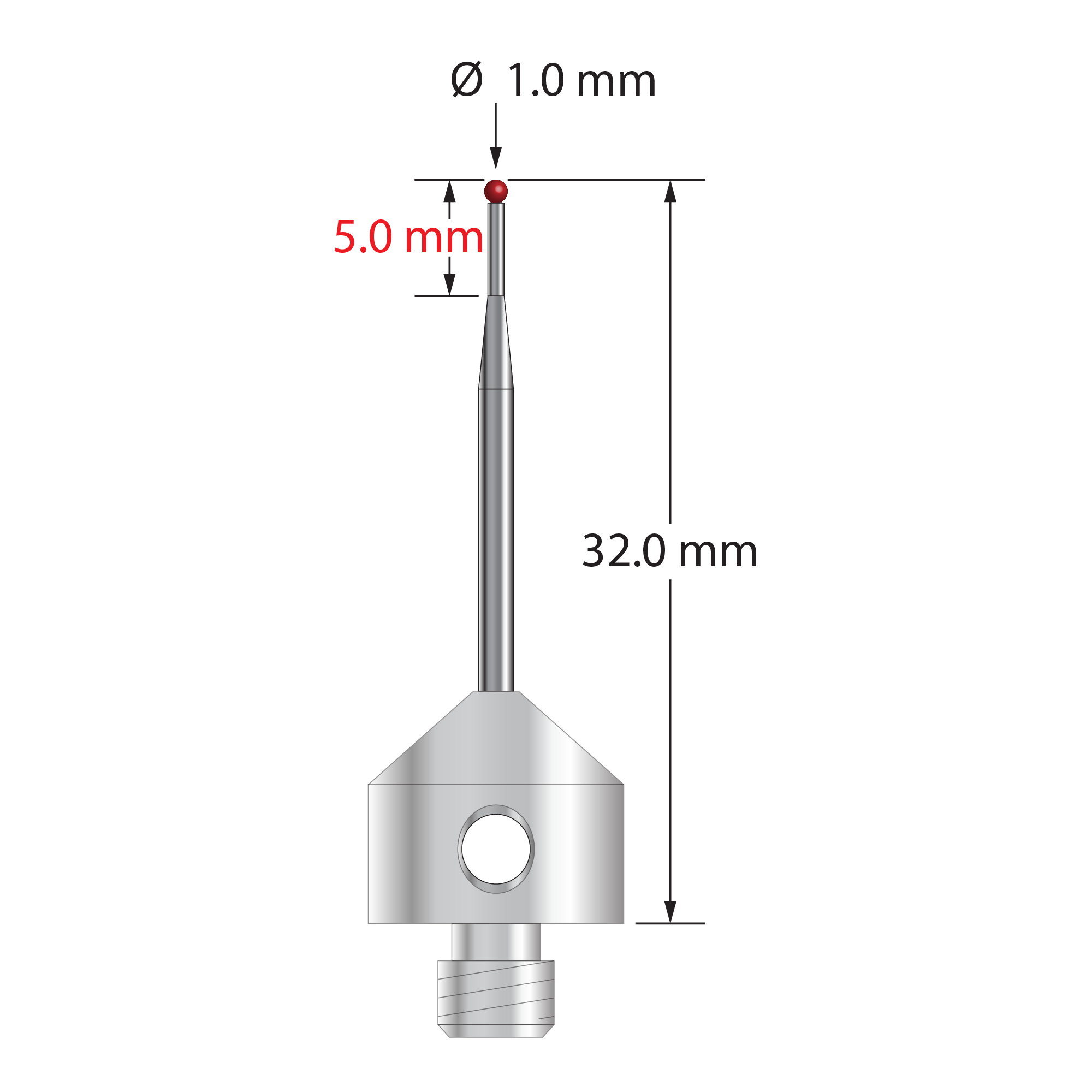 M5 stylus with 1.0 mm diameter ruby ball, tapered carbide stem, and 11.0 mm diameter x 10.0 mm long stainless steel base. Minor stem diameter is 0.7 mm; major diameter is 1.5 mm. Overall stylus length is 32.0 mm. Stylus weight is 5.76 grams.