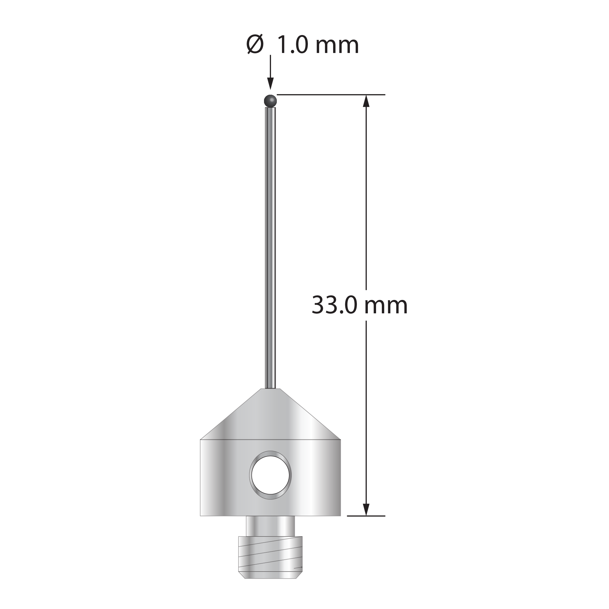 M5 stylus with 1.0 mm diameter silicon nitride ball, 0.8 mm diameter carbide stem, and 11.0 mm diameter x 10.0 mm long stainless steel base. Overall stylus length is 33.0 mm. Stylus weight is 5.50 grams. Compare to Zeiss 626115-0101-033.