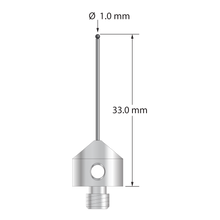 M5 stylus with 1.0 mm diameter silicon nitride ball, 0.8 mm diameter carbide stem, and 11.0 mm diameter x 10.0 mm long stainless steel base. Overall stylus length is 33.0 mm. Stylus weight is 5.50 grams. Compare to Zeiss 626115-0101-033.