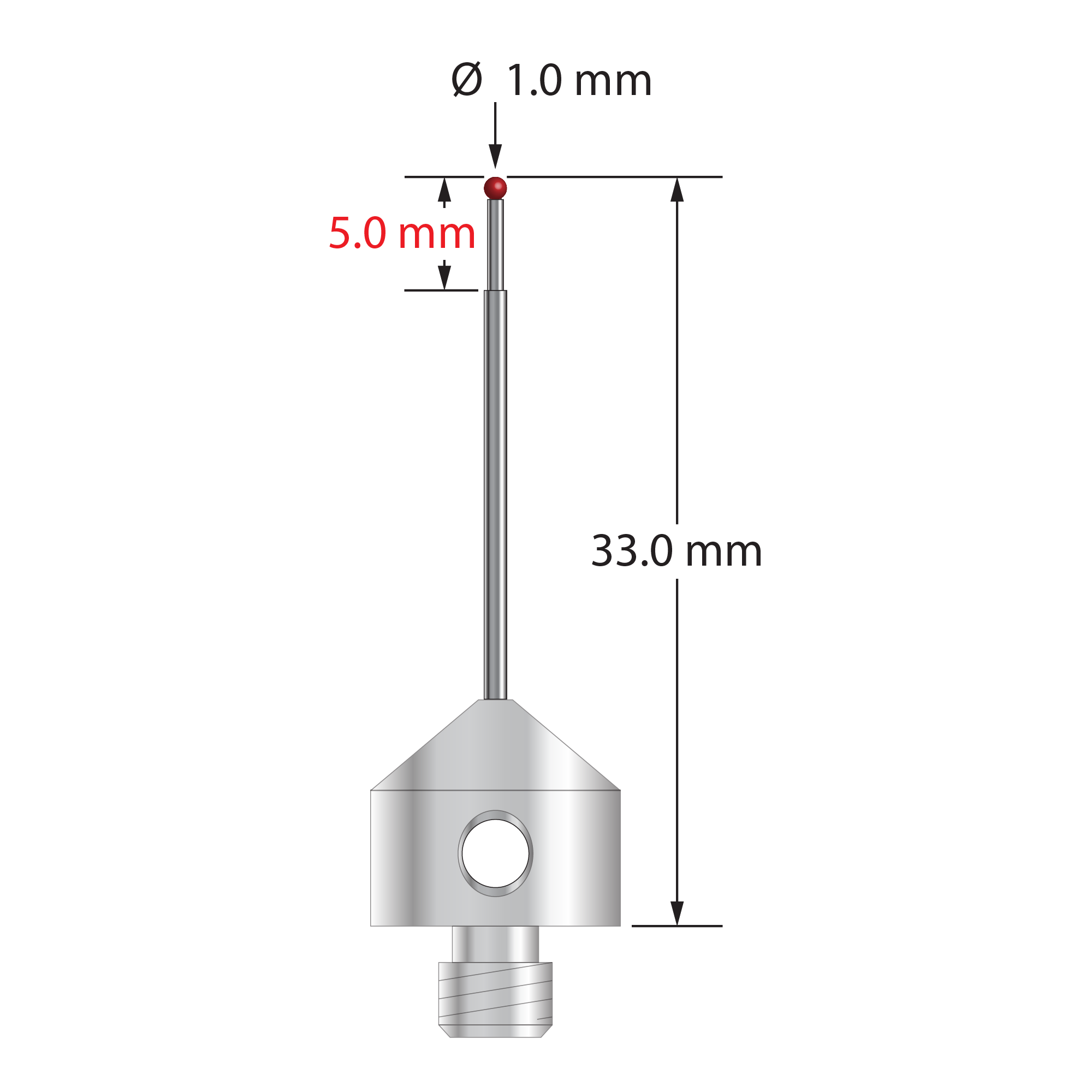 M5 stylus with 1.0 mm diameter silicon nitride ball, stepped carbide stem, and 11.0 mm diameter x 10.0 mm long stainless steel base. Major stem diameter is 1.0 mm; minor diameter is 0.8 mm. Overall stylus length is 30.0 mm. Stylus weight is 6.30 grams. Compare to Zeiss 626105-0044-033.