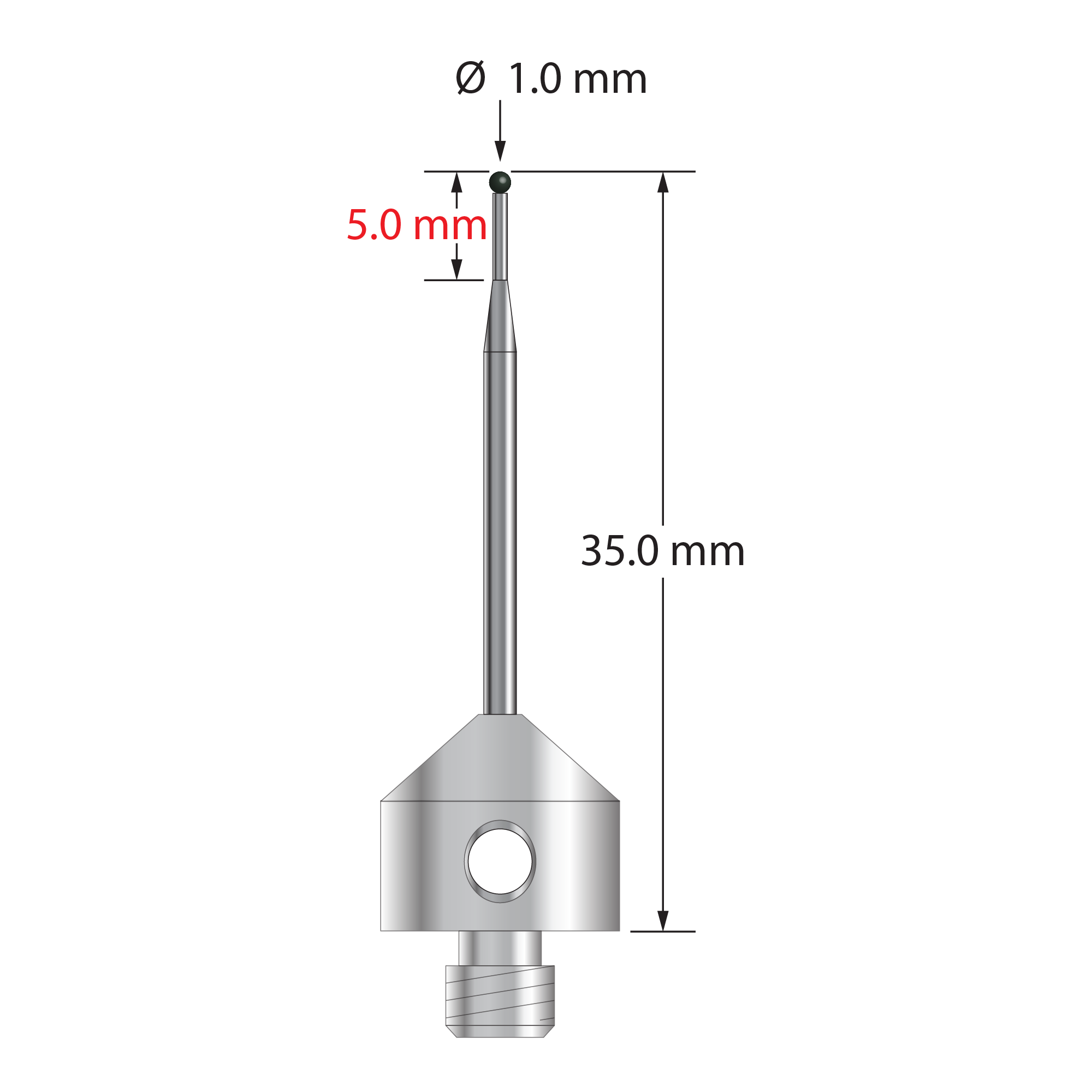 M5 stylus with 1.0 mm diameter silicon nitride ball, tapered carbide stem, and 11.0 mm diameter x 10.0 mm long anodized aluminum base. Minor stem diameter is 0.7 mm; major diameter is 1.5 mm. Overall stylus length is 35.0 mm. Stylus weight is 2.20 grams.