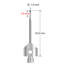 M5 stylus with 1.0 mm diameter silicon nitride ball, tapered carbide stem, and 11.0 mm diameter x 10.0 mm long anodized aluminum base. Minor stem diameter is 0.7 mm; major diameter is 1.5 mm. Overall stylus length is 35.0 mm. Stylus weight is 2.20 grams.