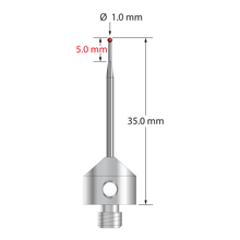 M5 stylus with 1.0 mm diameter ruby ball, tapered carbide stem, and 11.0 mm diameter x 10.0 mm long anodized aluminum base. Minor stem diameter is 0.7 mm; major diameter is 1.5 mm. Overall stylus length is 35.0 mm. Stylus weight is 2.20 grams.