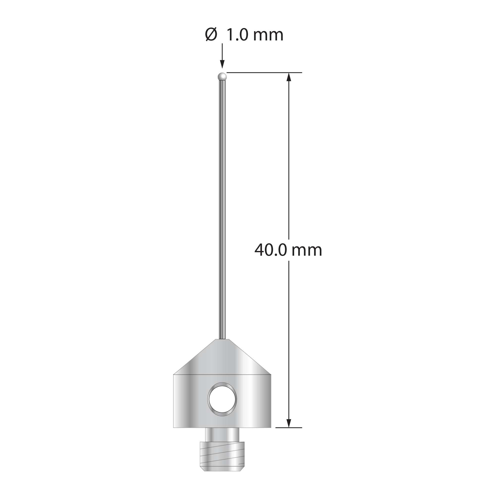M5 stylus with 1.0 mm diameter zirconia ball, 0.7 mm diameter carbide stem, and 11.0 mm diameter x 10.0 long stainless steel base. Overall stylus length is 40.0 mm. Stylus weight is 5.84 grams.