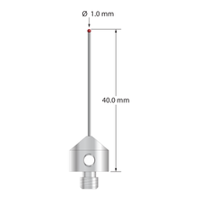 M5 stylus with 1.0 mm diameter ruby ball, 0.7 mm diameter carbide stem, and 11.0 mm diameter x 10.0 long stainless steel base. Overall stylus length is 40.0 mm. Stylus weight is 5.84 grams.