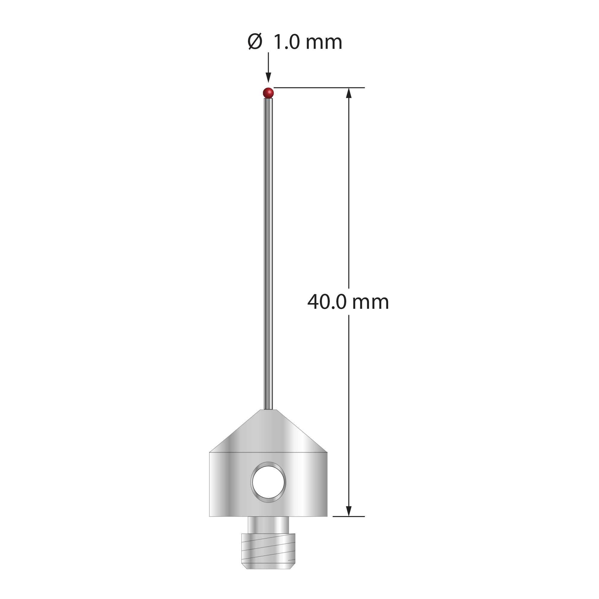 M5 stylus with 1.0 mm diameter ruby ball, 0.8 mm diameter carbide stem, and 11.0 mm diameter x 10.0 long stainless steel base. Overall stylus length is 40.0 mm. Stylus weight is 5.89 grams. Compare to Zeiss 626105-0044-040.