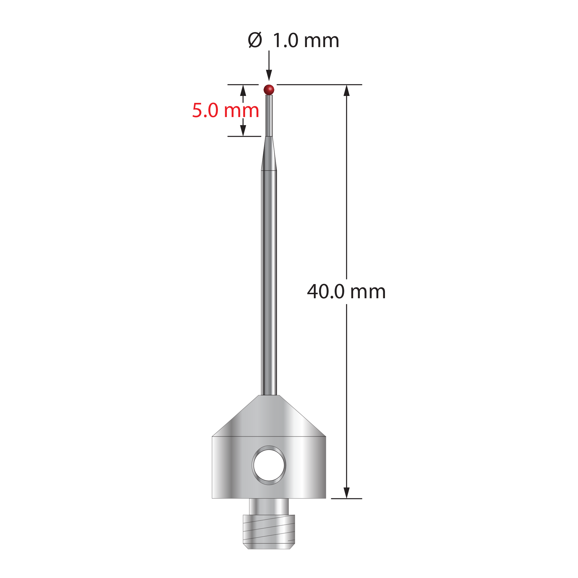 M5 stylus with 1.0 mm diameter ruby ball, tapered carbide stem, and 11.0 mm diameter x 10.0 mm long anodized aluminum base. Minor stem diameter is 0.7 mm; major diameter is 1.5 mm. Overall stylus length is 40.0 mm. Stylus weight is 2.32 grams.