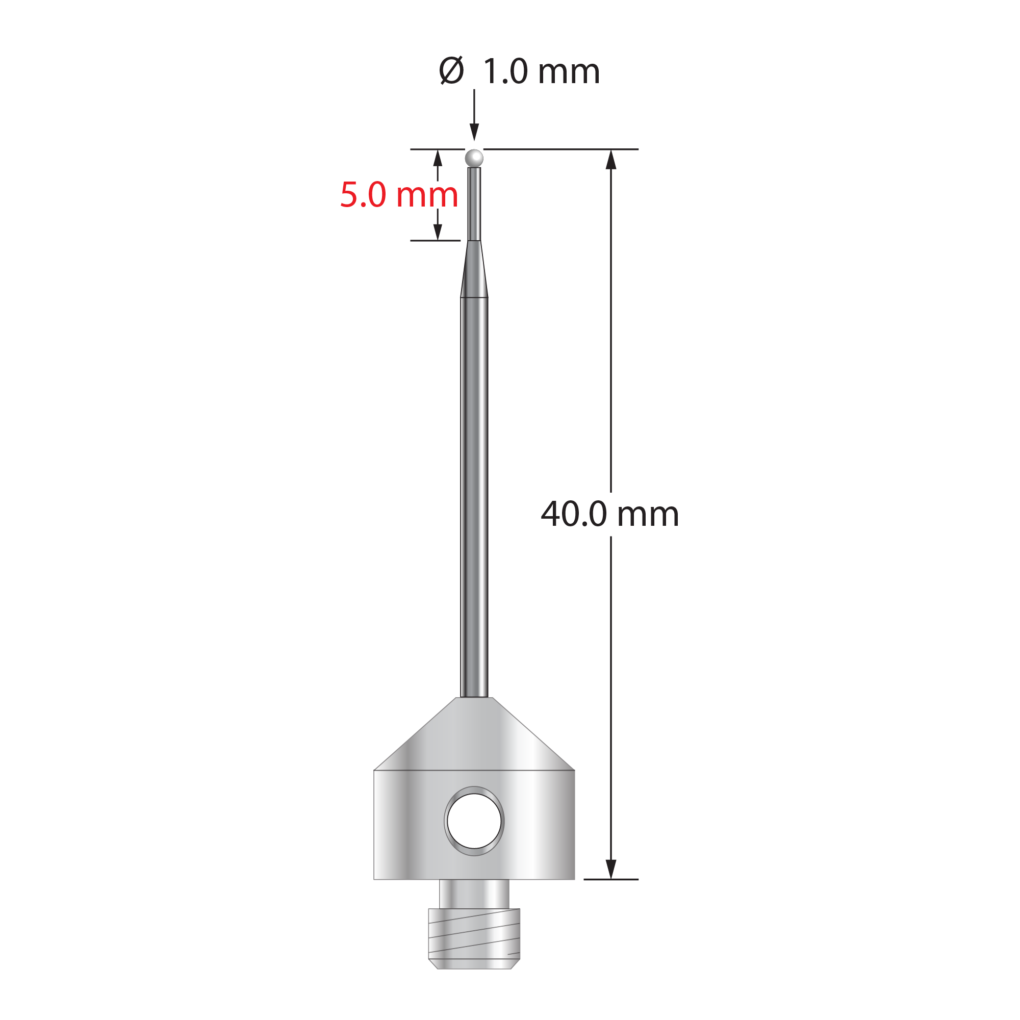 AFG-1040-Z M5 stylus with 1.0mm zirconia ball, carbide stem, and stainless steel base, 40.0mm long.