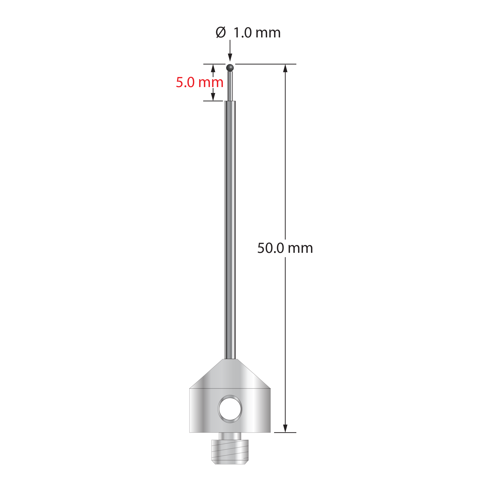 M5 stylus with 1.0 mm diameter silicon nitride ball, stepped carbide stem, and 11.0 mm diameter x 10.0 long stainless steel base. Minor stem diameter is 0.7 mm; major diameter is 1.5 mm. Overall stylus length is 50.0 mm. Stylus weight is 6.01 grams.