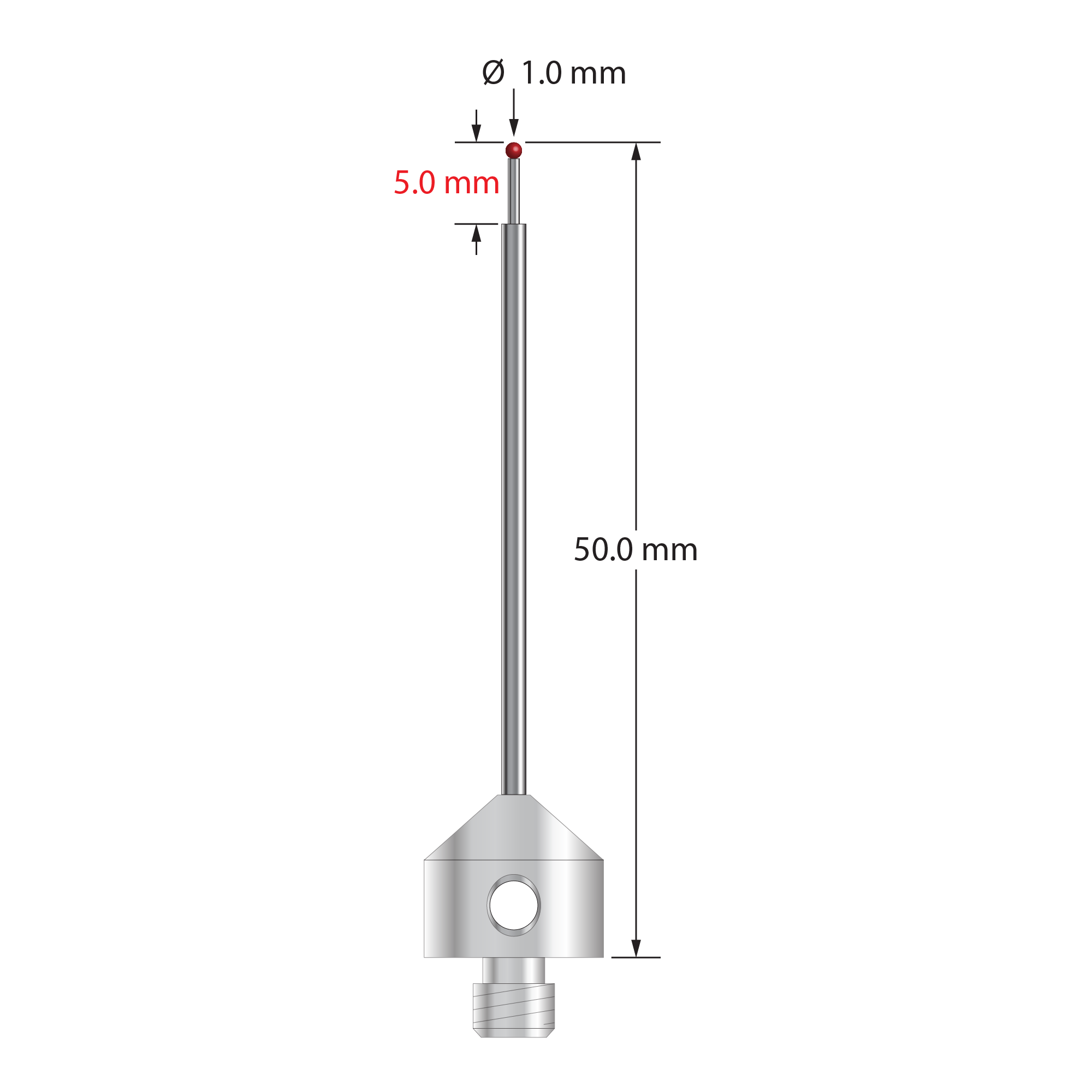 AFG-1050 M5 stylus with 1.0mm ruby ball, carbide stem, and stainless steel base, 50mm long by Q-Mark Manufacturing, Inc.