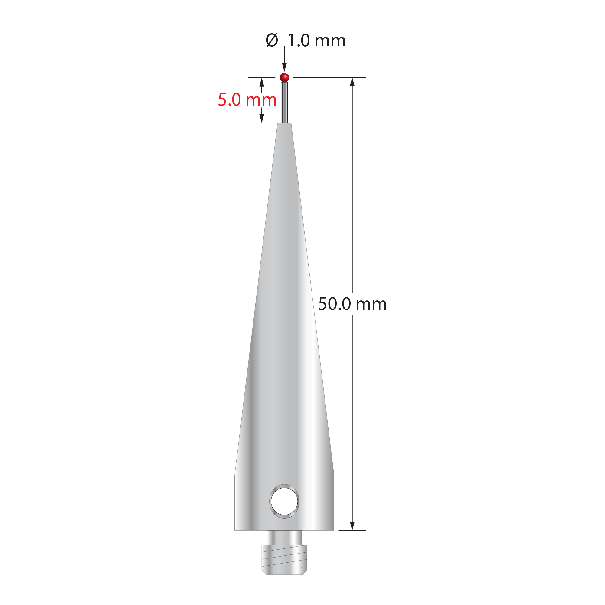 M5 stylus with 1.0 mm diameter ruby ball, 0.7 mm diameter carbide stem, and 11.0 mm diameter x 45.0 mm long tapered stainless steel base. Stylus length to ball center is 50.0 mm. Stylus weight is 15.94 grams. Compare to Renishaw A-5003-5228.
