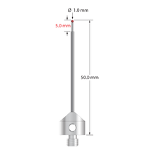 M5 stylus with 1.0 mm diameter ruby ball, stepped carbide stem, and 11.0 mm diameter x 10.0 long stainless steel base. Minor stem diameter is 0.7 mm; major diameter is 1.5 mm. Overall stylus length is 50.0 mm. Stylus weight is 6.01 grams.