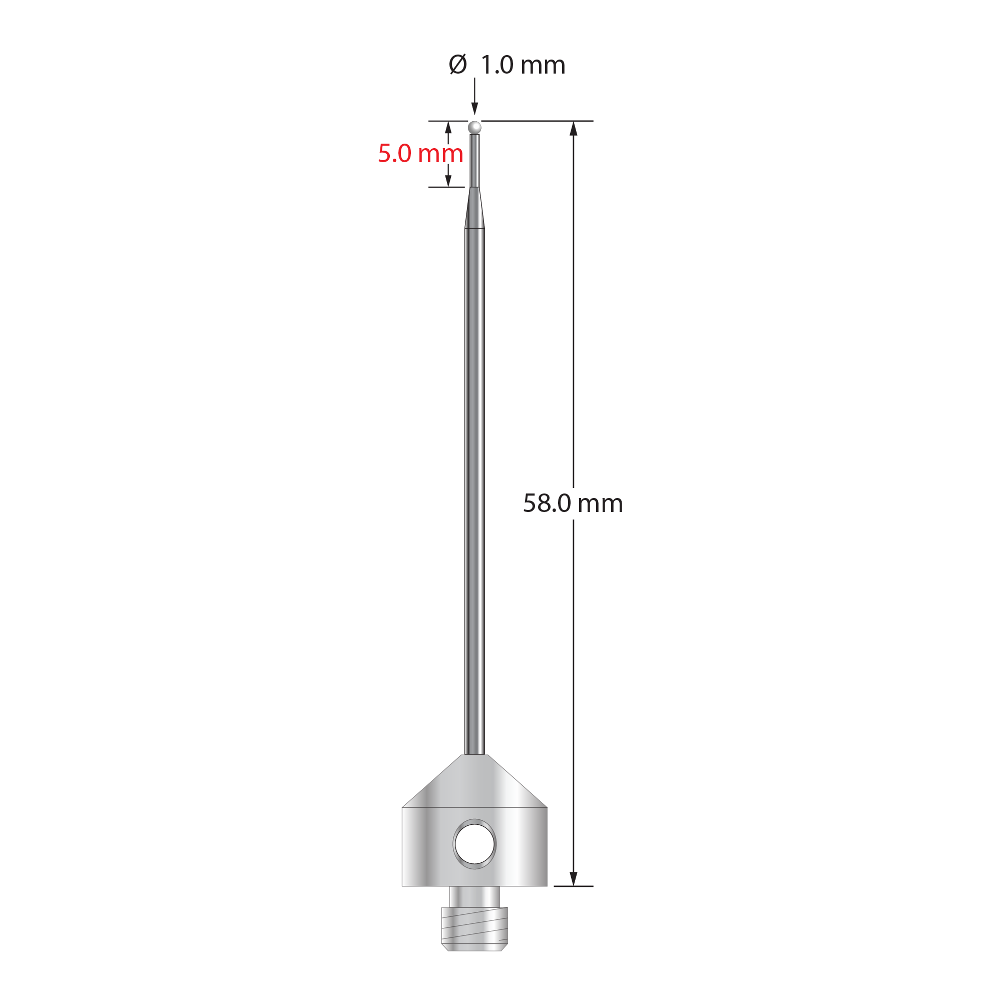 AFG-1058-Z M5 stylus with 1.0mm zirconia ball, carbide stem, and stainless steel base, 58.0mm long by Q-Mark Manufacturing, Inc.