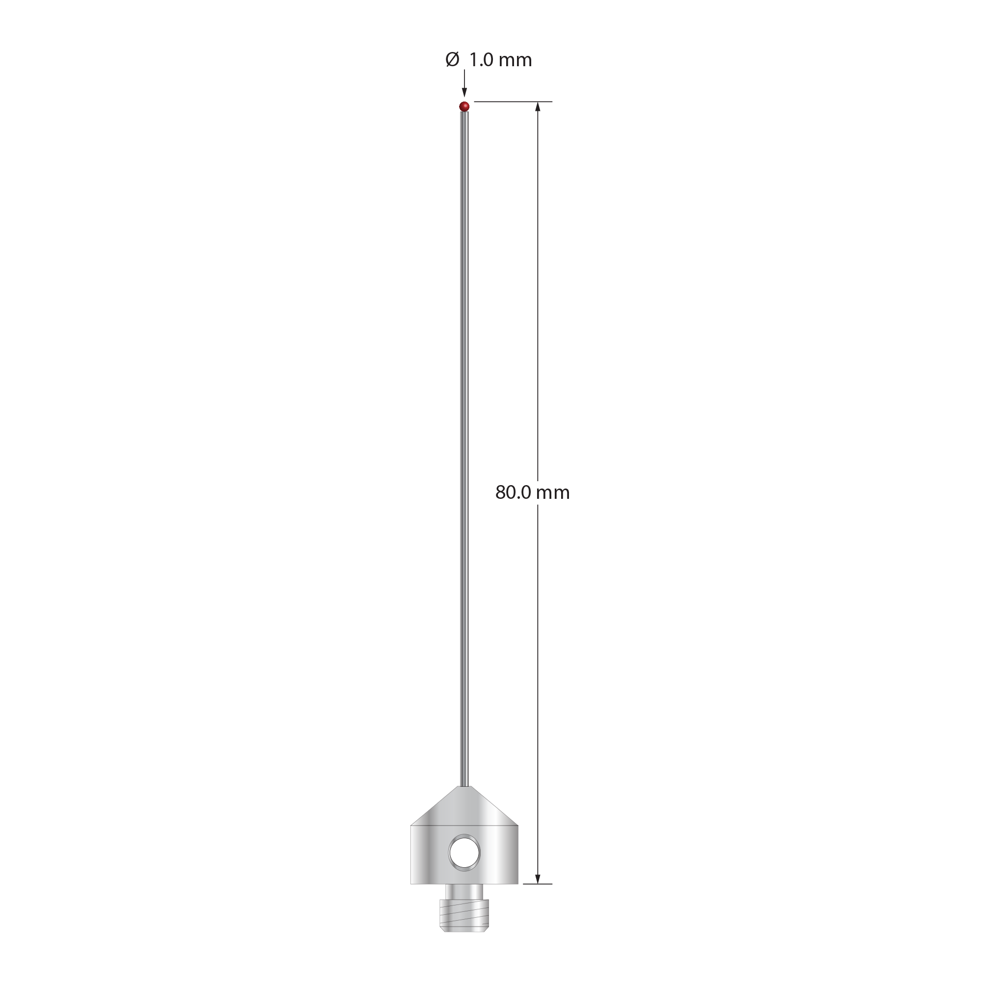 M5 stylus with 1.0 mm diameter ruby ball, 0.8 mm diameter carbide stem, and 11.0 mm diameter x 10.0 long stainless steel base. Overall stylus length is 80.0 mm. Stylus weight is 6.13 grams.