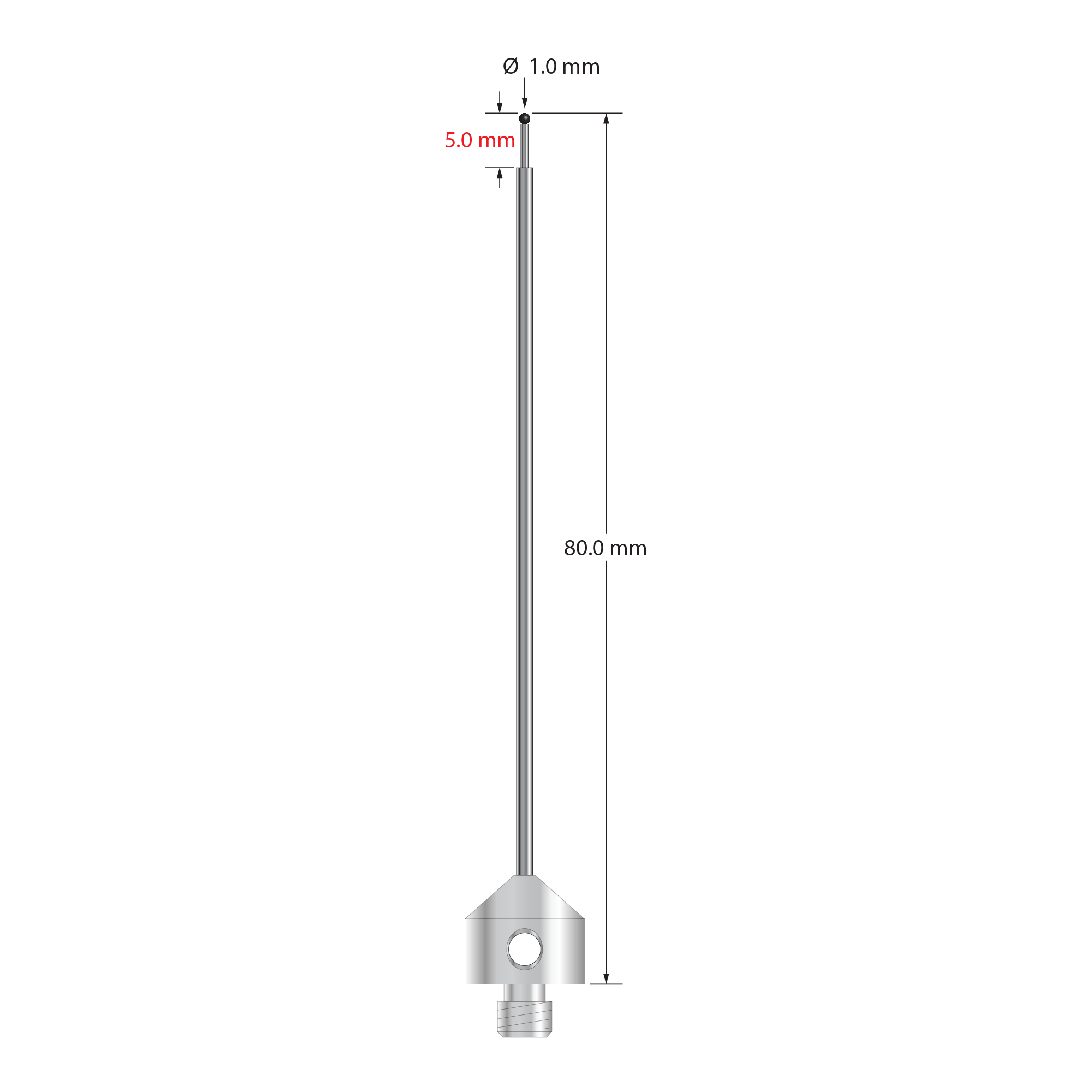 AFG-1080-SN M5 stylus with 1.0mm silicon nitride ball, stepped carbide stem, and stainless steel base, 80mm long.