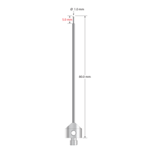 M5 stylus with 1.0 mm diameter zirconia ball, stepped carbide stem, and 11.0 mm diameter x 10.0 long stainless steel base. Minor stem diameter is 0.7 mm; major diameter is 1.5 mm. Overall stylus length is 80.0 mm. Stylus weight is 6.33 grams.