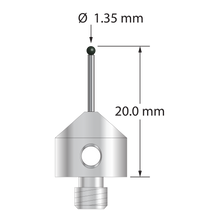 M5 stylus with 1.35 mm diameter silicon nitride ball, 1.0 mm diameter carbide stem, and 11.0 mm diameter x 10.0 long stainless steel base. Overall stylus length is 20.0 mm. Stylus weight is 5.63 grams.