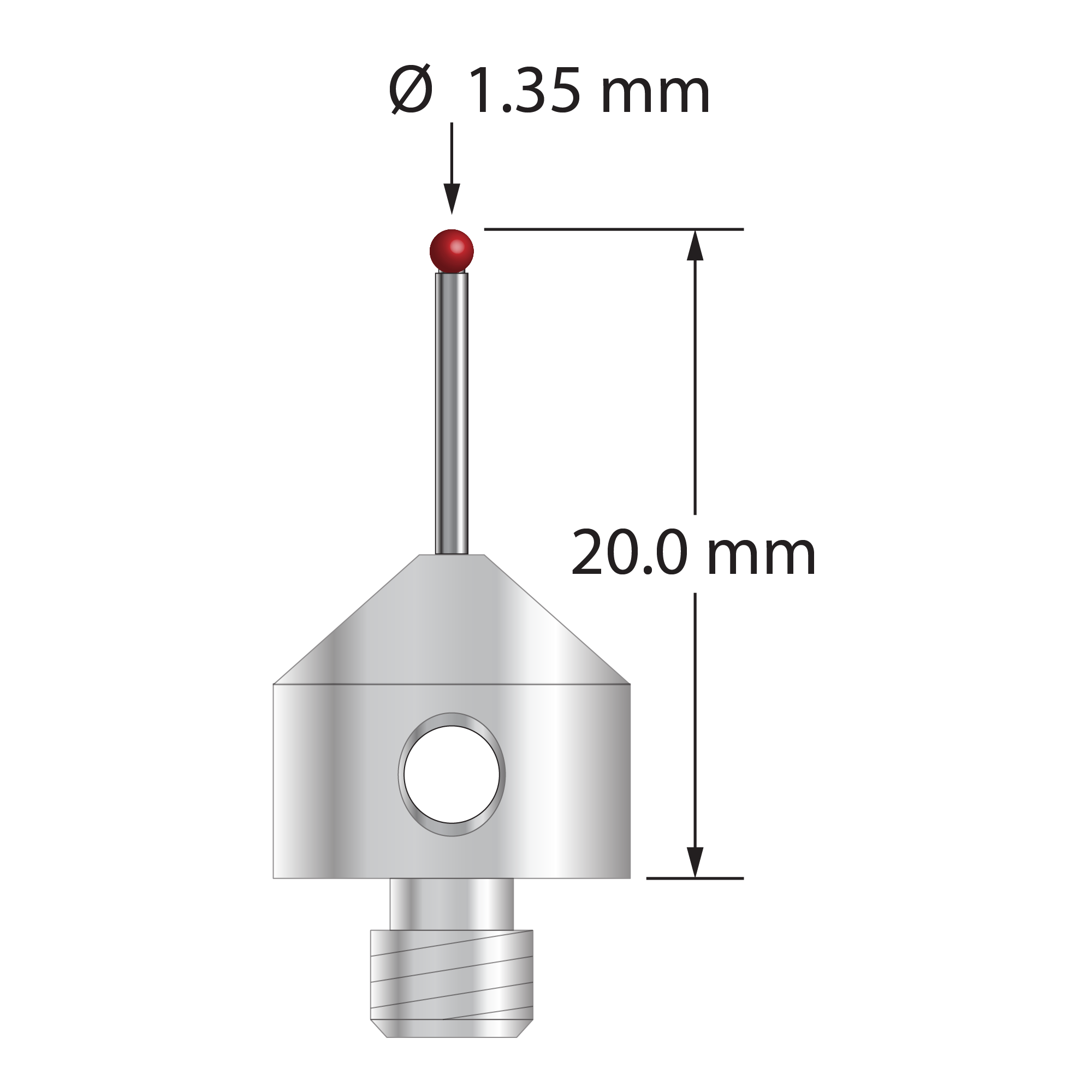M5 stylus with 1.35 mm diameter ruby ball, 1.0 mm diameter carbide stem, and 11.0 mm diameter x 10.0 long stainless steel base. Overall stylus length is 20.0 mm. Stylus weight is 5.63 grams.