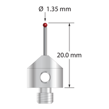 M5 stylus with 1.35 mm diameter ruby ball, 1.0 mm diameter carbide stem, and 11.0 mm diameter x 10.0 long stainless steel base. Overall stylus length is 20.0 mm. Stylus weight is 5.63 grams.